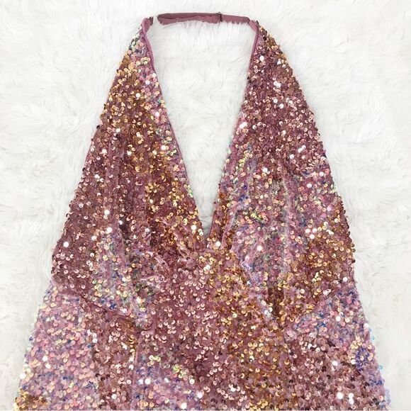 FREE PEOPLE Pink Velvet Sequin Party Dress Midi Maxi Halter Neck Size Medium New - Picture 6 of 15
